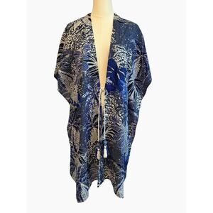 Chico's Kimono Robe Womens S/M‎ Beach Blue Tropical Palm Print Oasis Dream